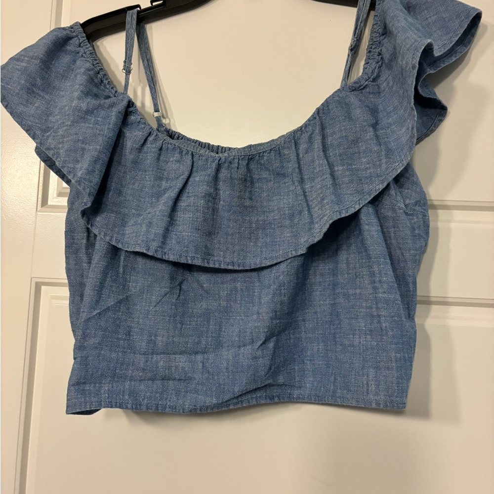 LOFT Light Blue Cropped Wide-Leg Pants and Ruffle Crop Top Set - Picture 2 of 4